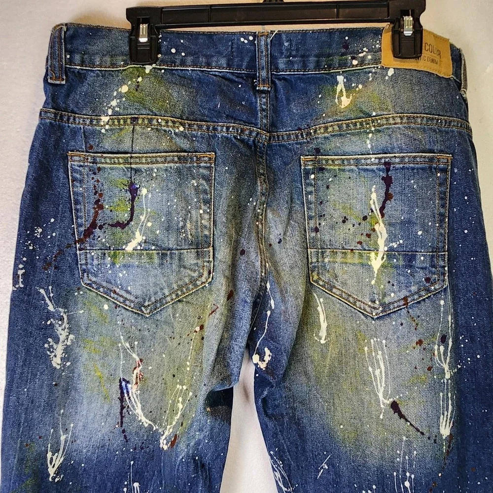 Urban Color Jeans Paint Splatter Distressed‎ Blue Denim Streetwear 36x32